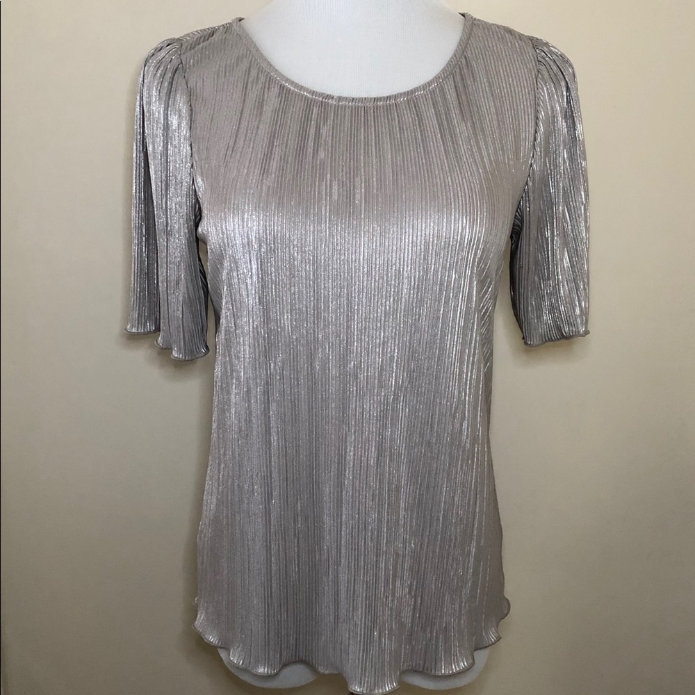Ann Taylor Silvery Gold Lame’ Tiny Pleated Shirt